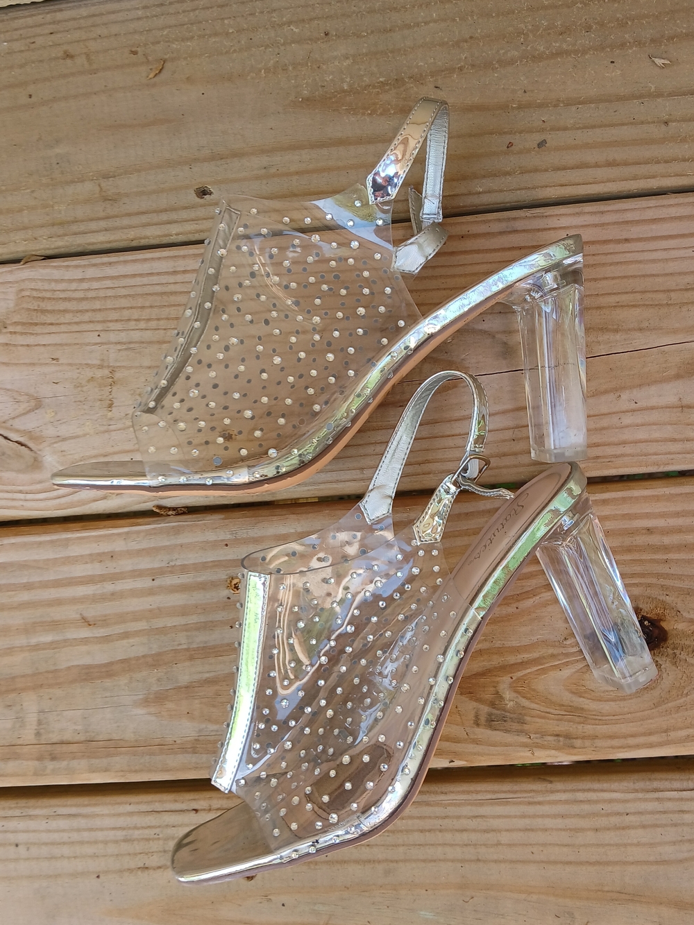Clear Studded Slingback Heels - Silver Accents